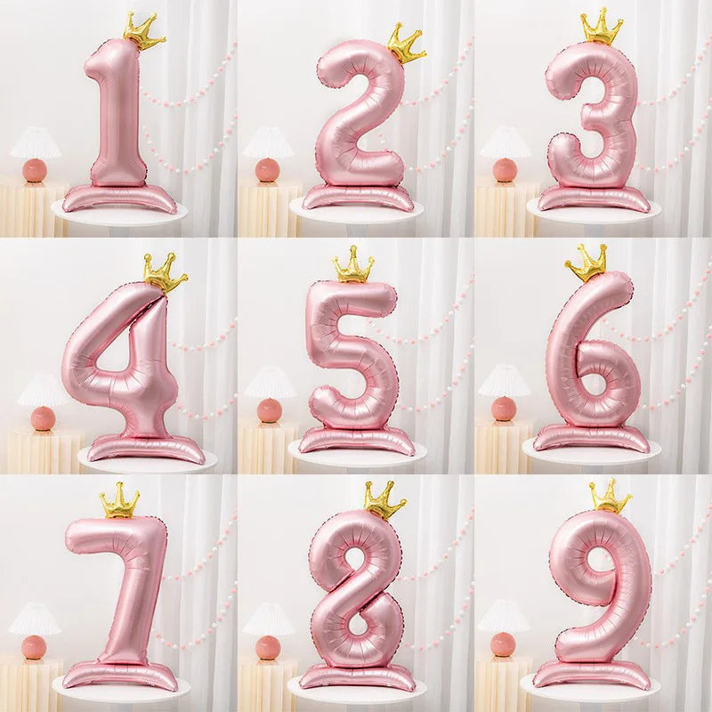 32in Standing Crown Number Balloon – Blue/Pink