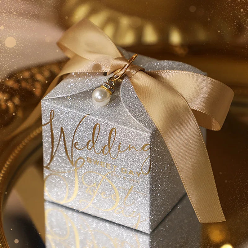 Wedding candy gift box with pearl ribbon