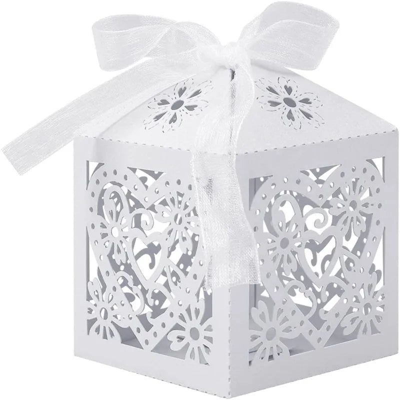 White Love heart candy Gift Box with ribbon 10/50pcs