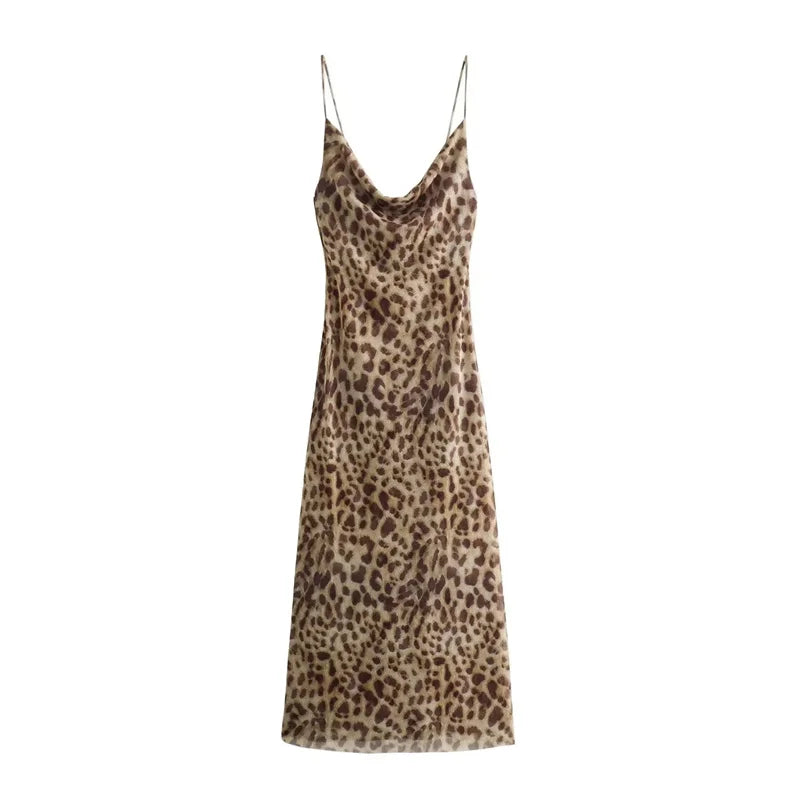 Violitta Leopard Tulle Slip Dress – Backless Vintage Midi
