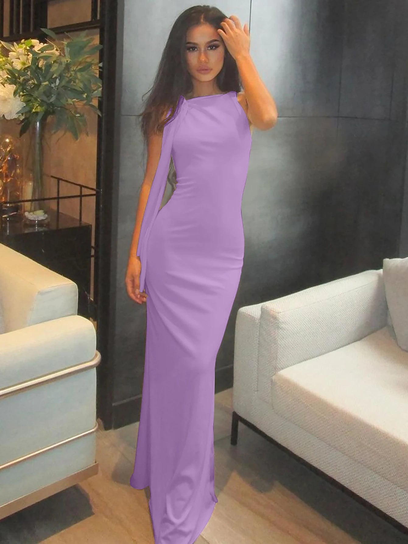 Rimma Solid O-Neck Bodycon Maxi Dress