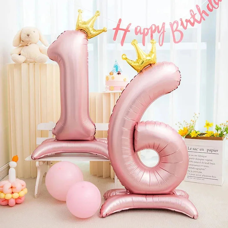32in Standing Crown Number Balloon – Blue/Pink