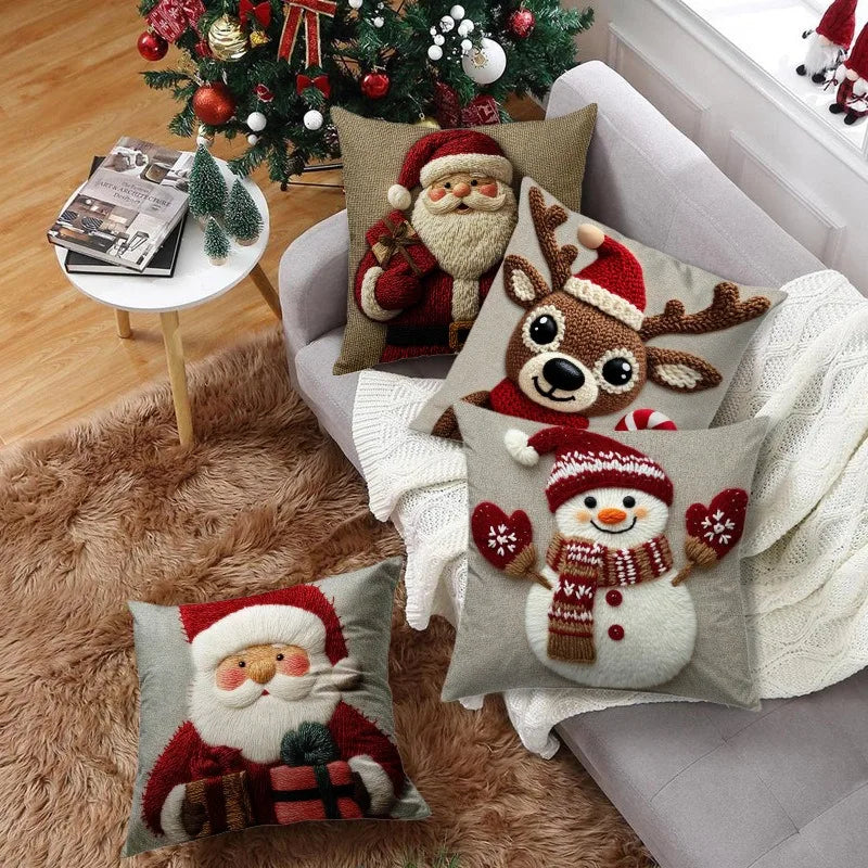 45cm Grey & Red Christmas Pillow – Santa, Snowman & Elk