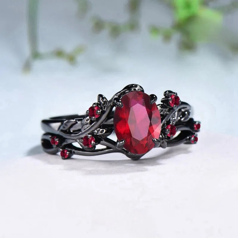 Round flower red stone rings