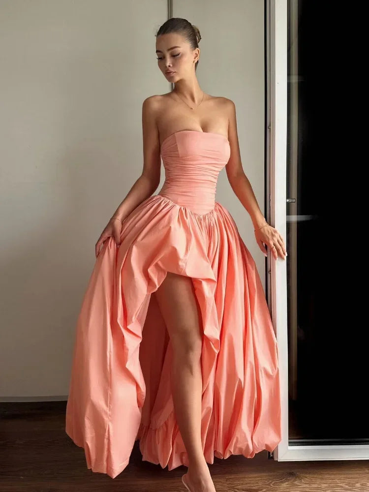 Zinna Pleated Split Strapless Dress