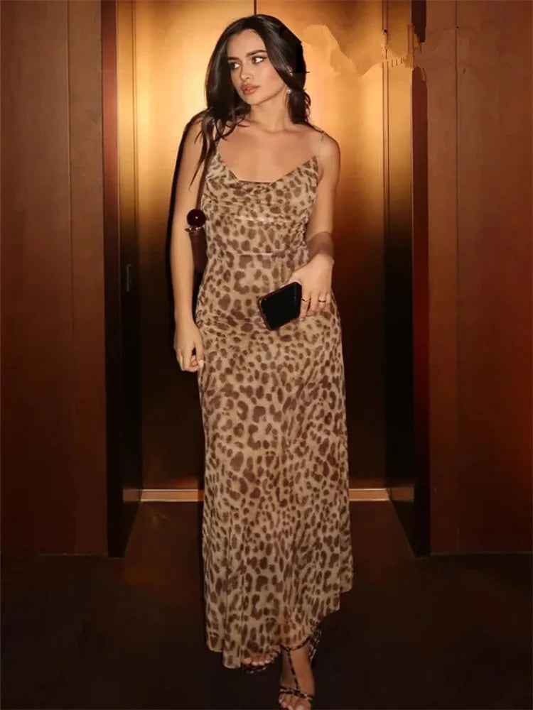 Violitta Leopard Tulle Slip Dress – Backless Vintage Midi