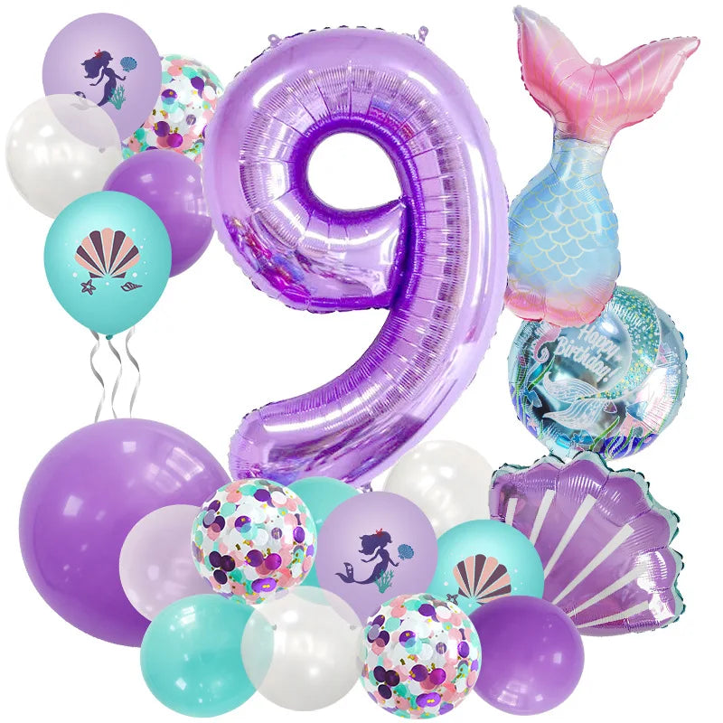 Mermaid Number Balloon Set – 0-9, Sequin & Foil