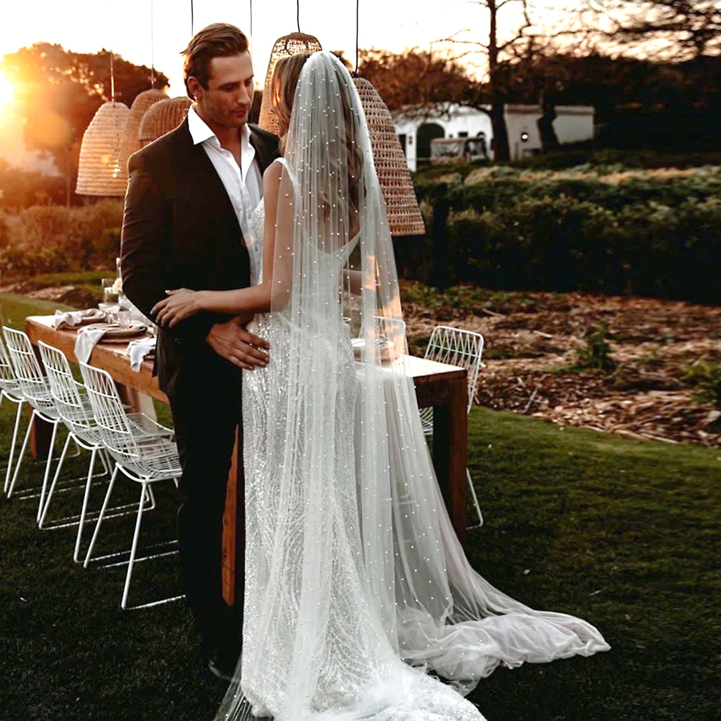 Short Wedding Veil for Bride Pearls