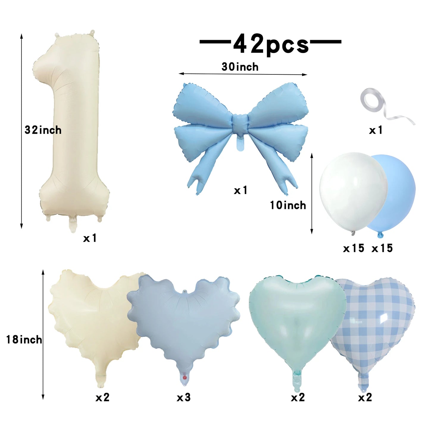 42pcs Checkered heart balloon number set light fresh blue