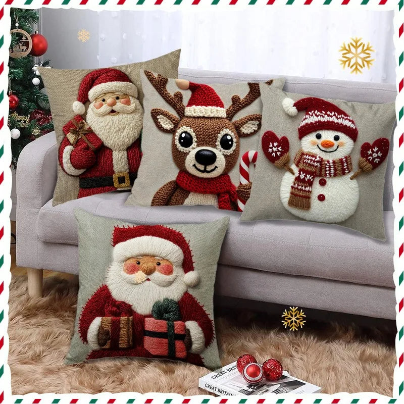 45cm Grey & Red Christmas Pillow – Santa, Snowman & Elk