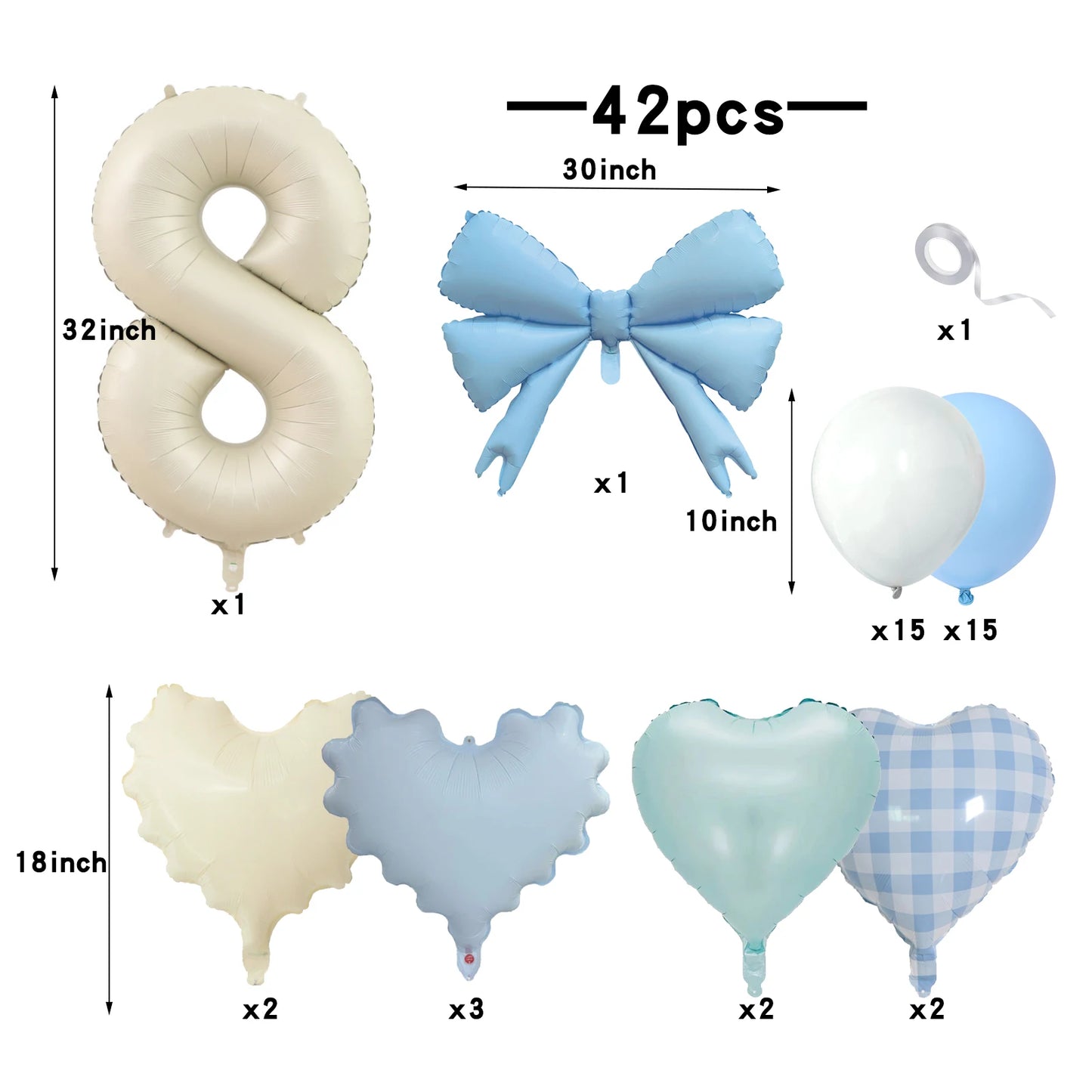 42pcs Checkered heart balloon number set light fresh blue