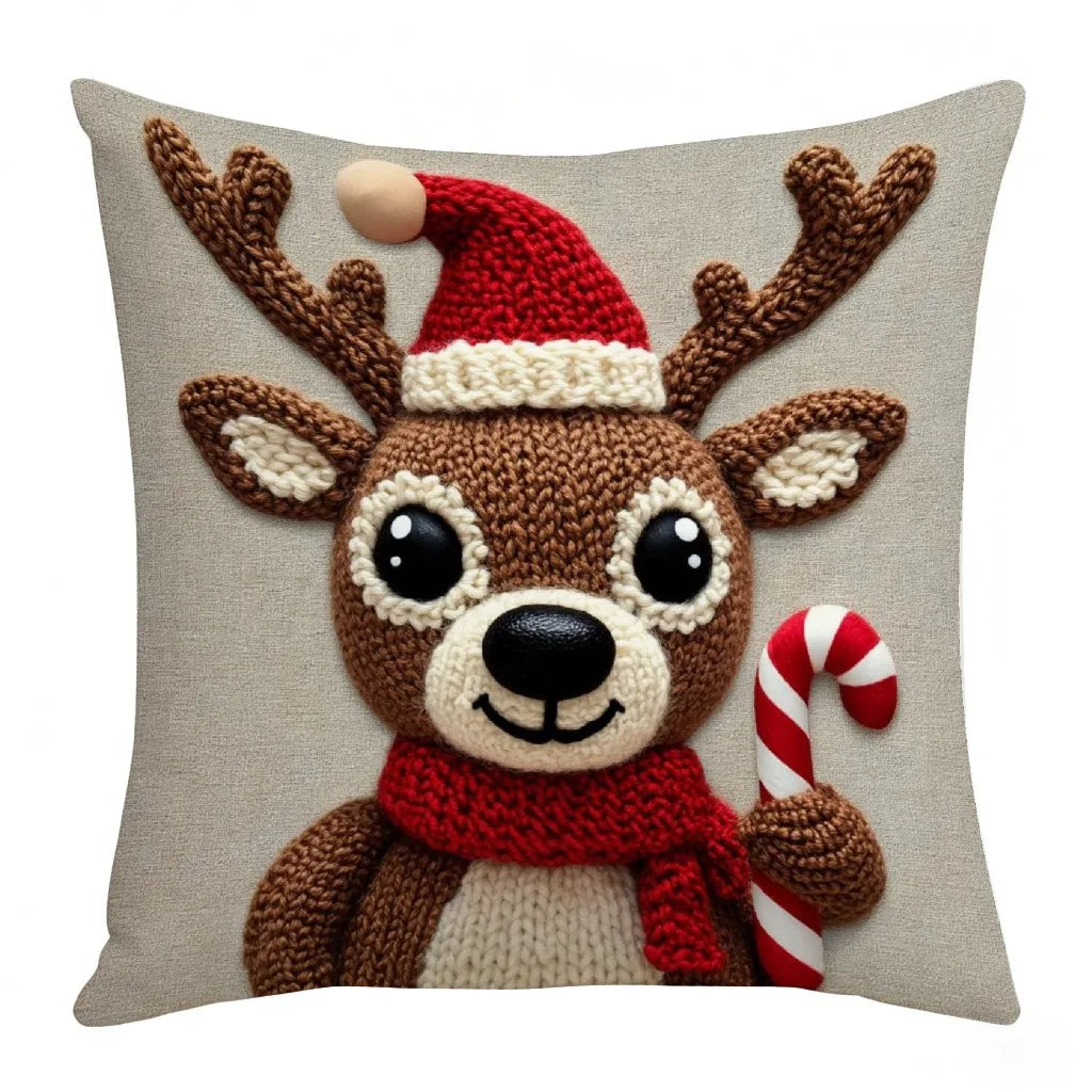 45cm Grey & Red Christmas Pillow – Santa, Snowman & Elk