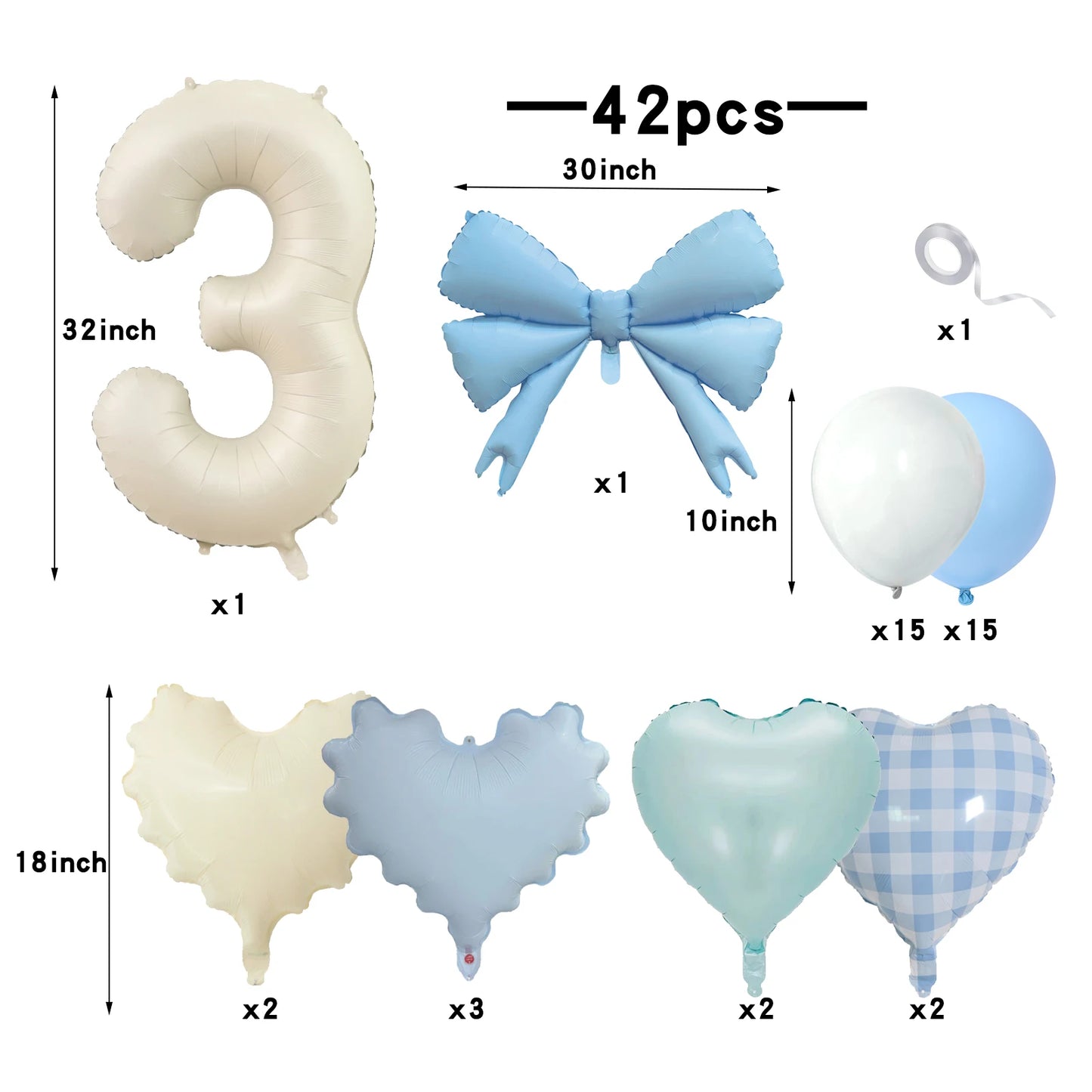 42pcs Checkered heart balloon number set light fresh blue