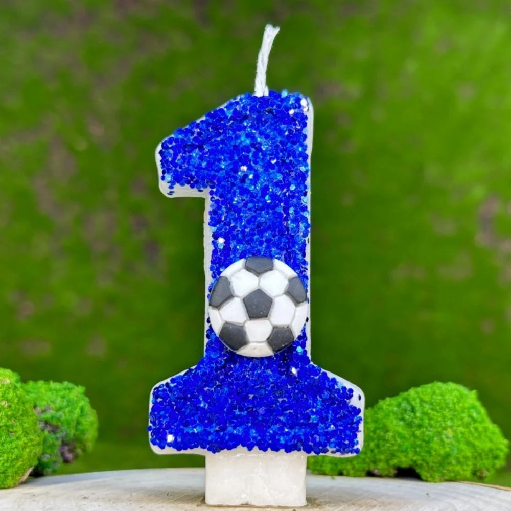 0–9 Blue Football Birthday Candles with Tray
