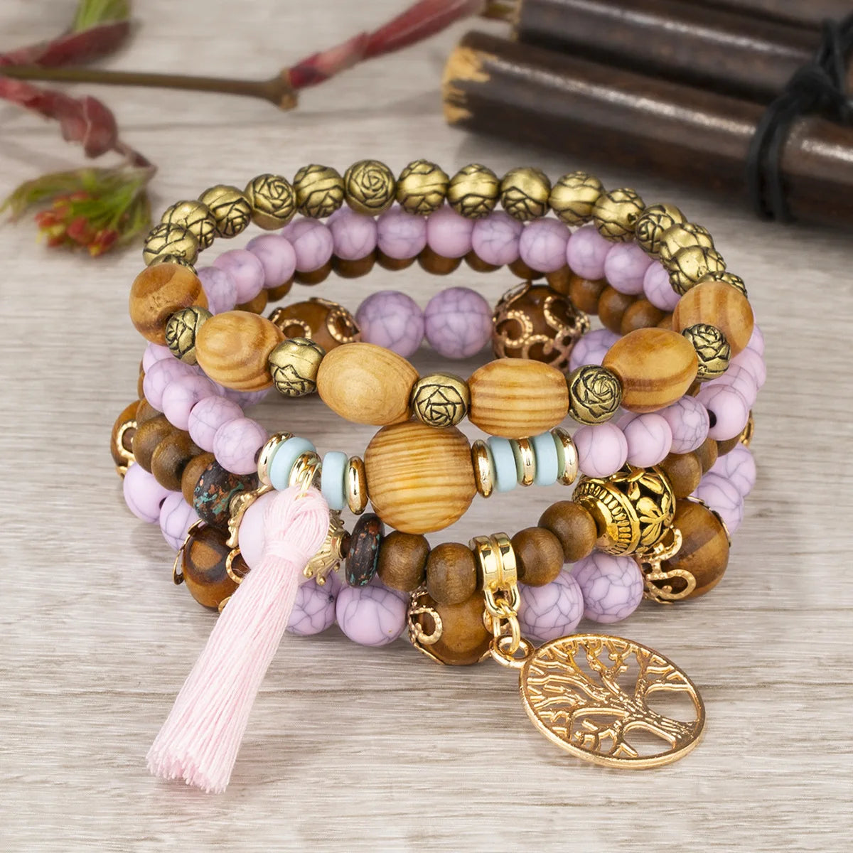Cacildda Set Beaded & Wooden Bracelet 4pcs