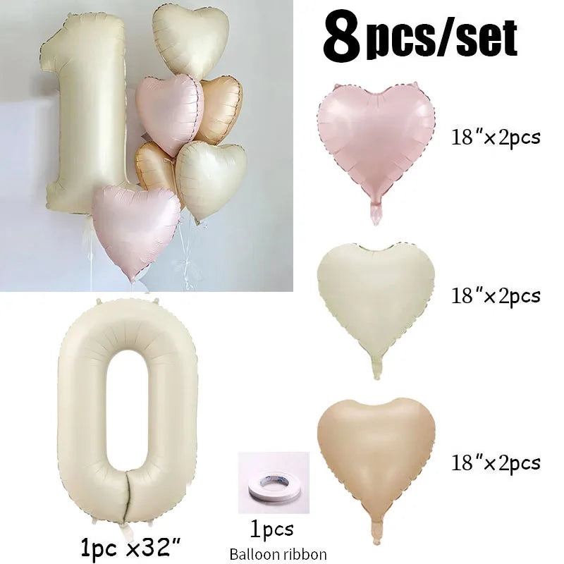 Cream color number with hearts foil Balloons 8pcs