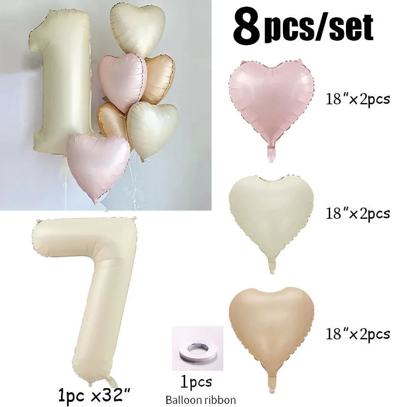Cream color number with hearts foil Balloons 8pcs
