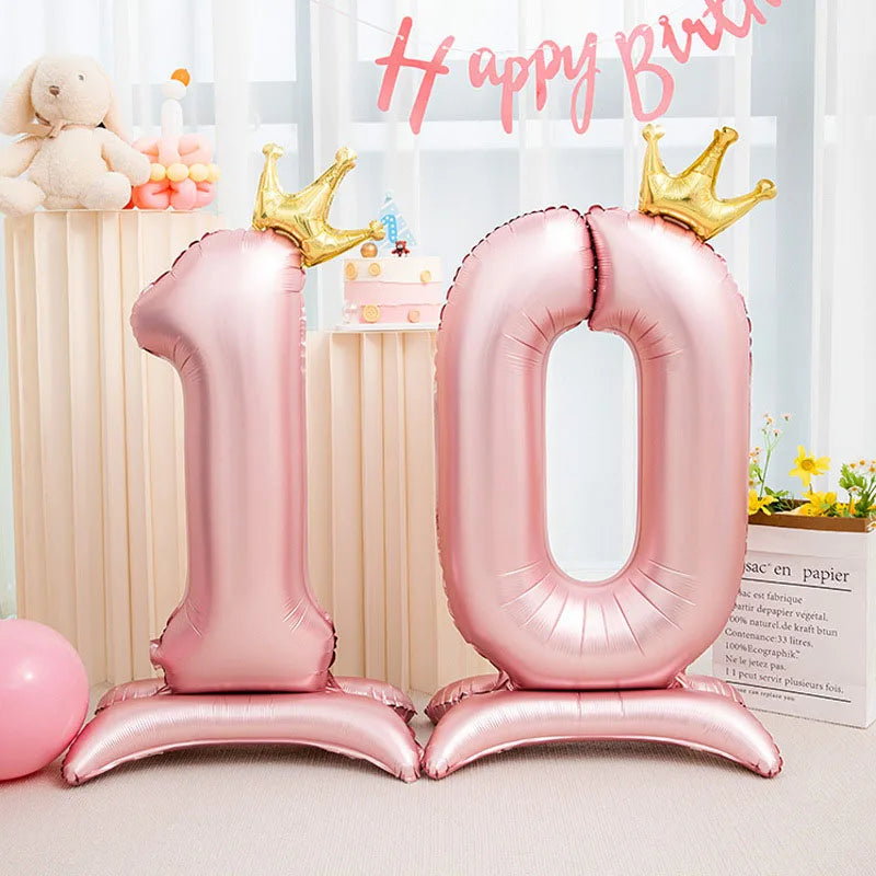 32in Standing Crown Number Balloon – Blue/Pink