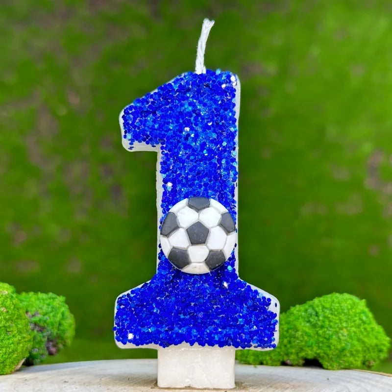 0–9 Blue Football Birthday Candles with Tray