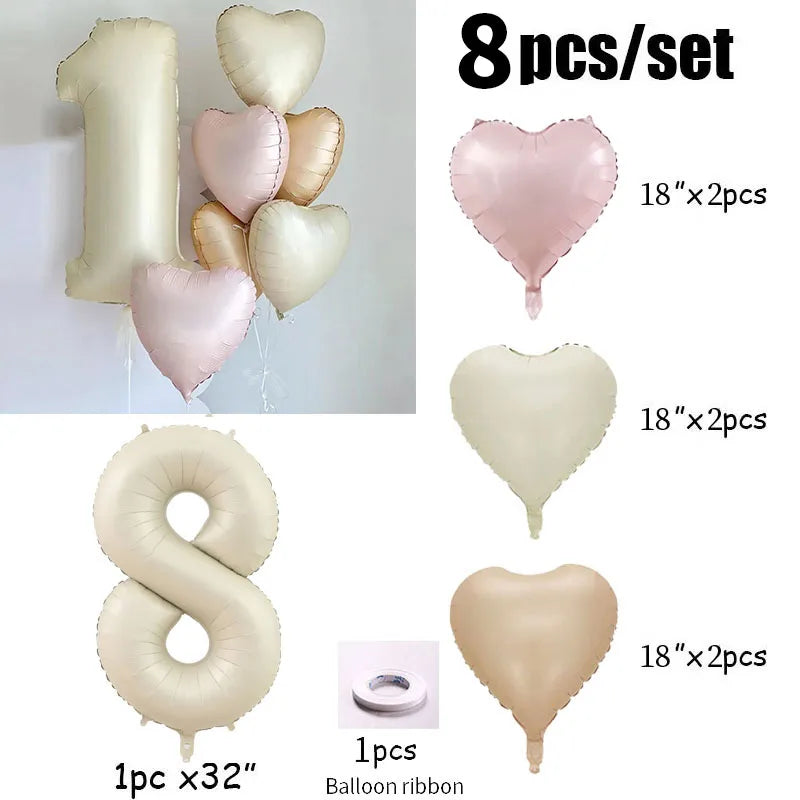 Cream color number with hearts foil Balloons 8pcs
