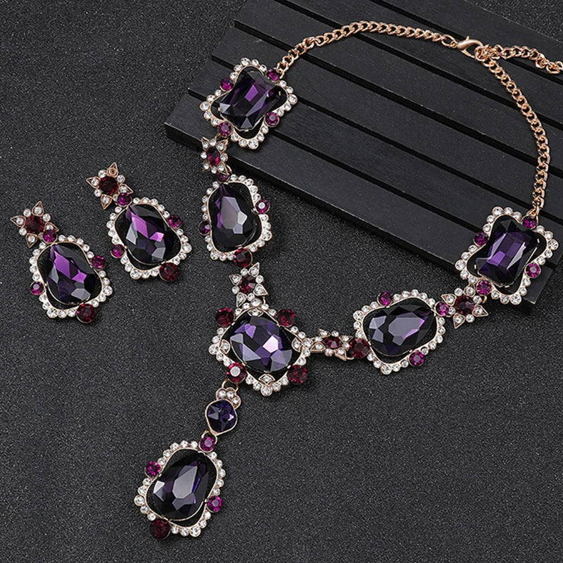 Isabella Royal crystal earrings and purple Rhinestone necklace set