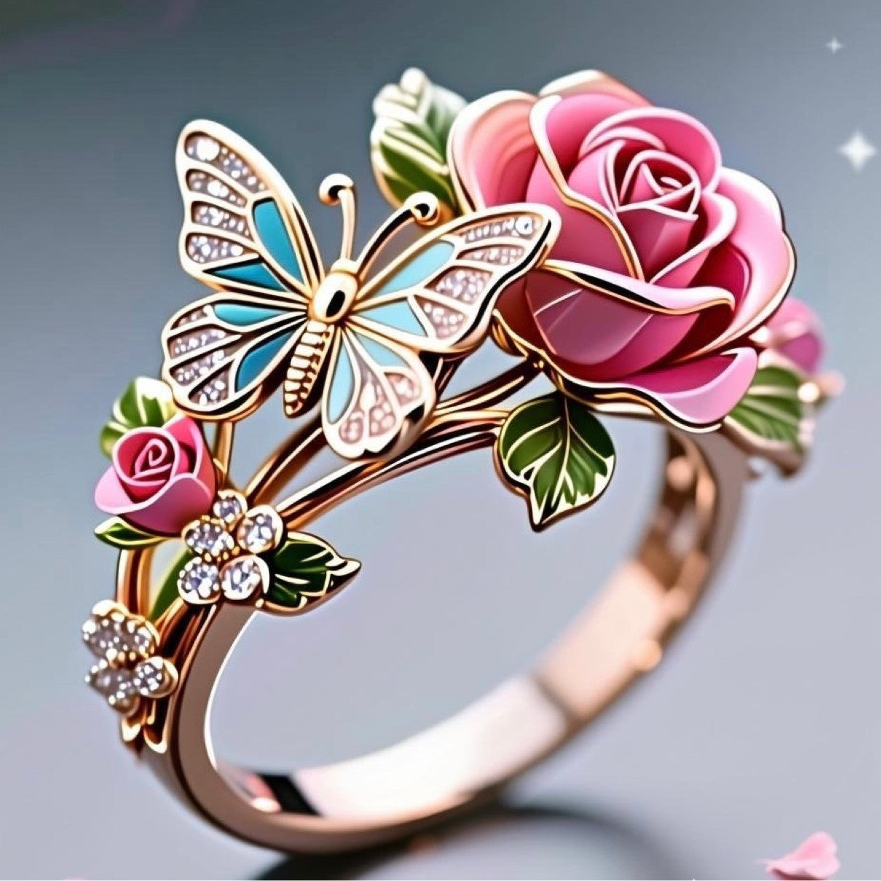 Pastoral Style Enamel Flower Branch Ring Opening Adjustable