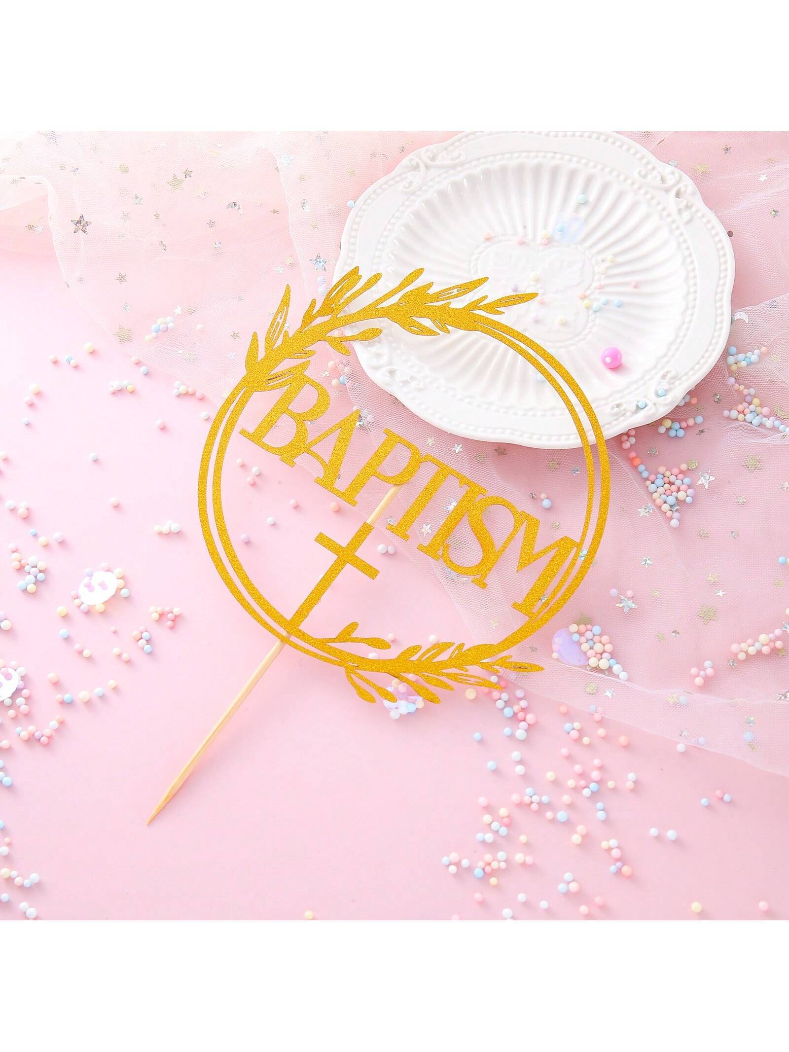 1Pc Mi Bautizo Gold Cake Topper - Divine Blessings Elegant Cake Decor for Celebrations, Baptisms & Milestones Decoration, Back to School Valentine Day