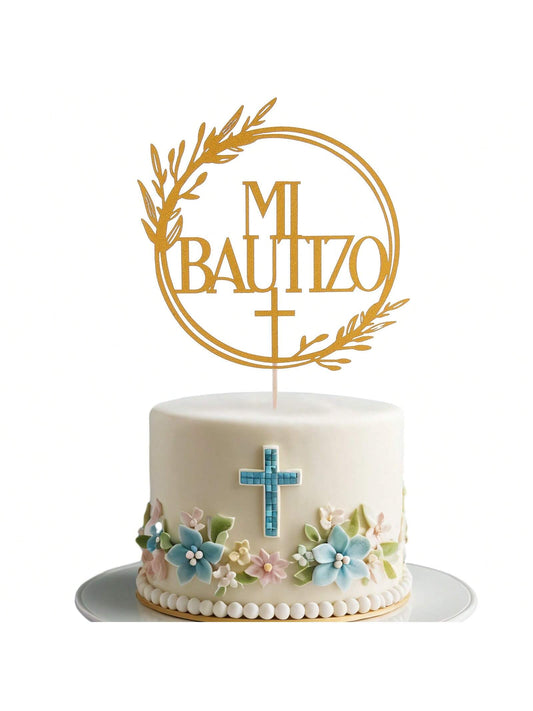 1Pc Mi Bautizo Gold Cake Topper - Divine Blessings Elegant Cake Decor for Celebrations, Baptisms & Milestones Decoration, Back to School Valentine Day