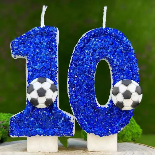 0–9 Blue Football Birthday Candles with Tray