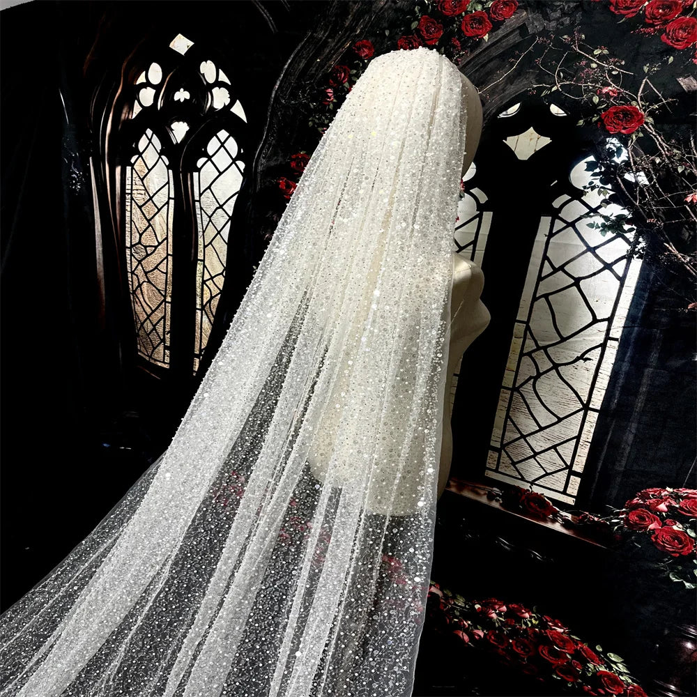 Luxury wedding veil heavy glitter beaded ivory single Tier 3M