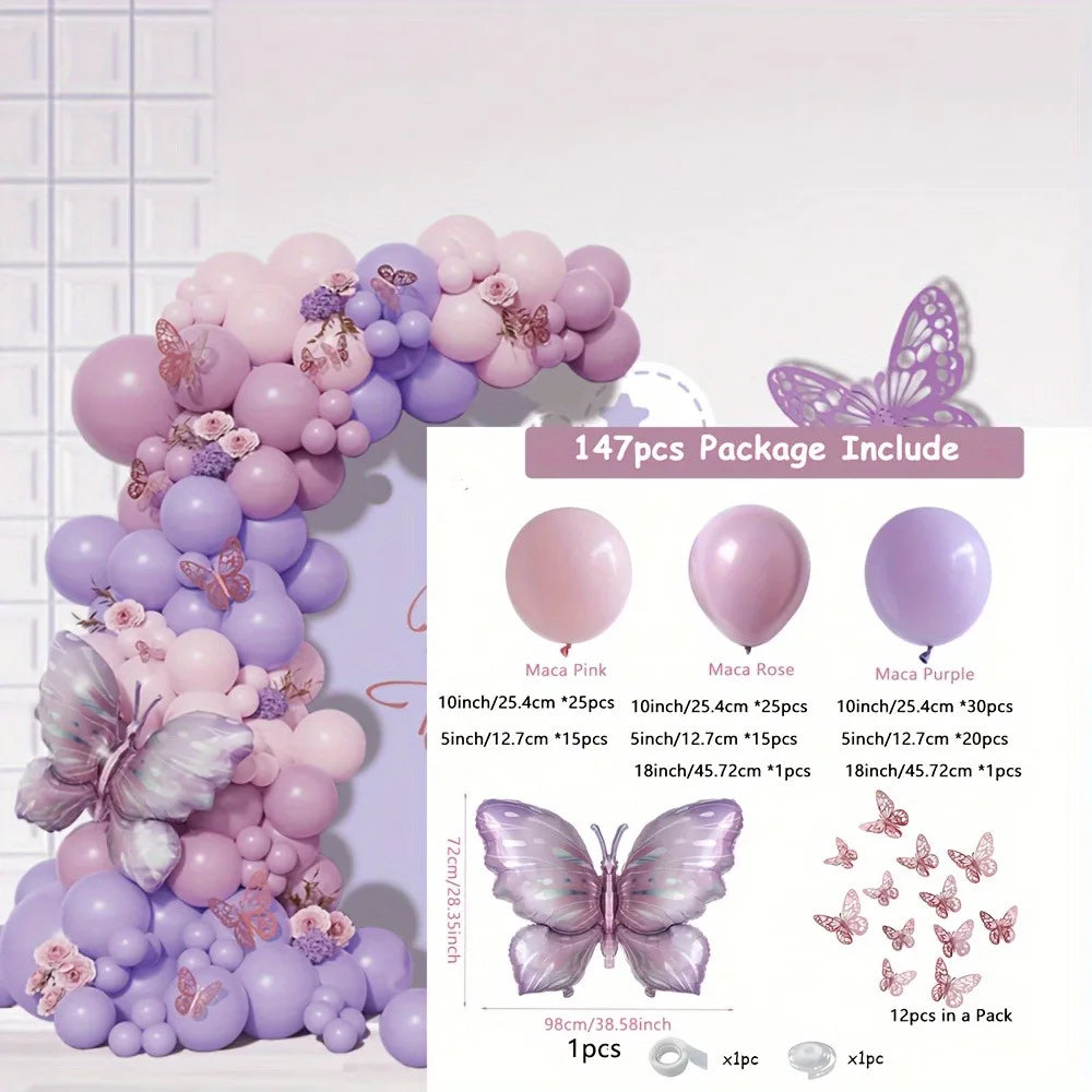 147PCS Purple Butterfly Balloon Arch Set