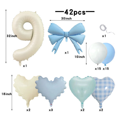 42pcs Checkered heart balloon number set light fresh blue