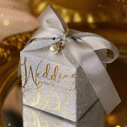 Wedding candy gift box with pearl ribbon