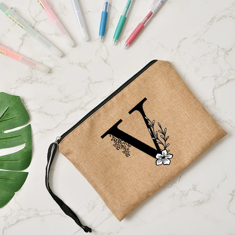 Letter print cosmetic linen makeup bag