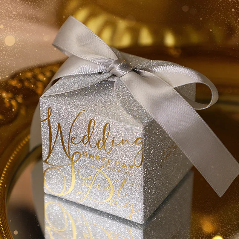 Wedding candy gift box with pearl ribbon