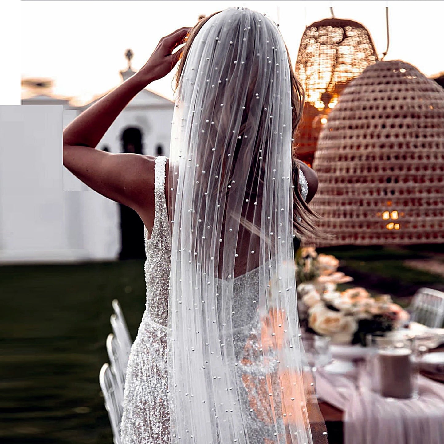 Short Wedding Veil for Bride Pearls