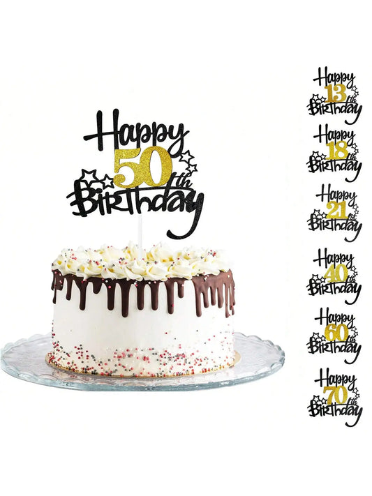 Black Gold Happy Birthday Cake Topper (Ages 10–60)
