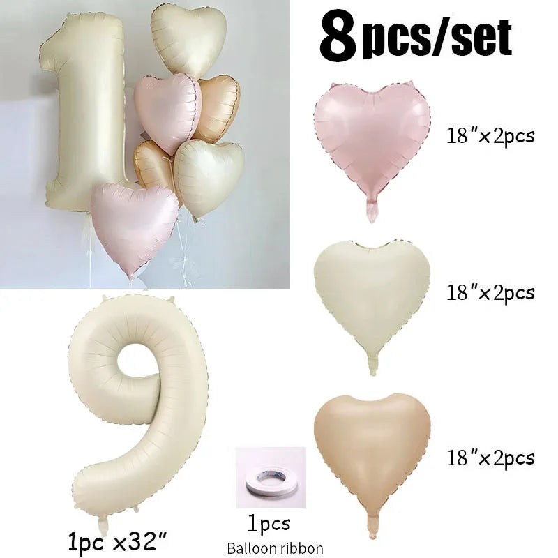 Cream color number with hearts foil Balloons 8pcs