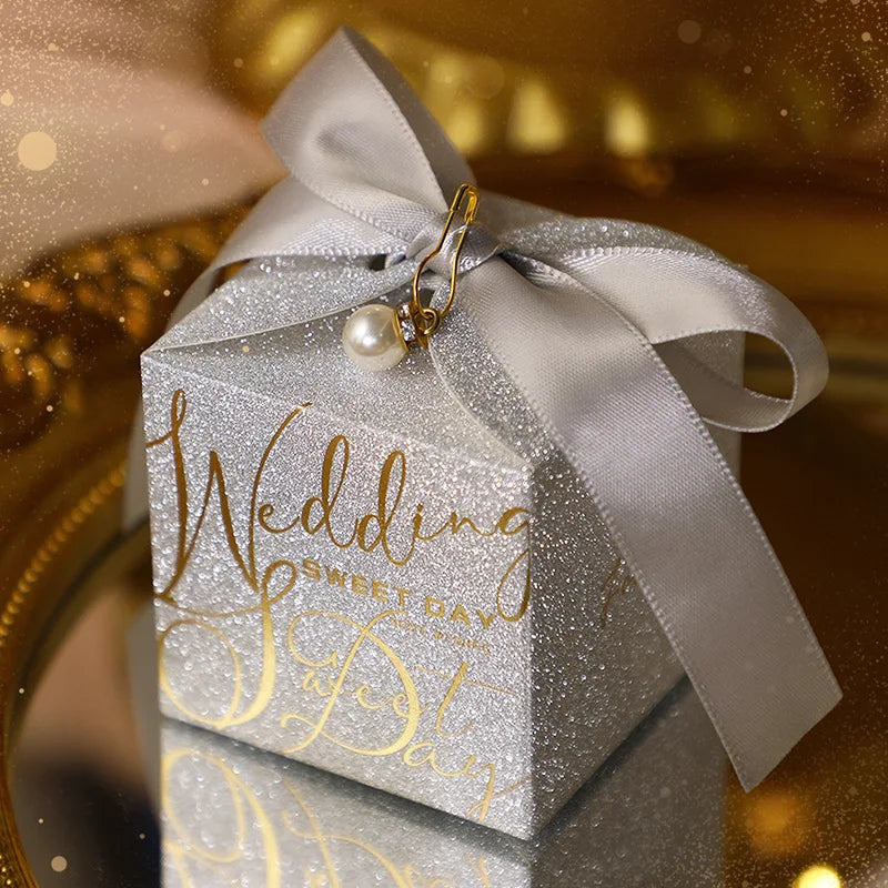 Wedding candy gift box with pearl ribbon