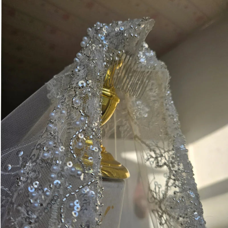 Full crystal pearl lace veil