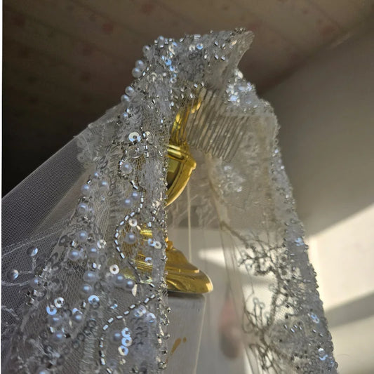 Full crystal pearl lace veil