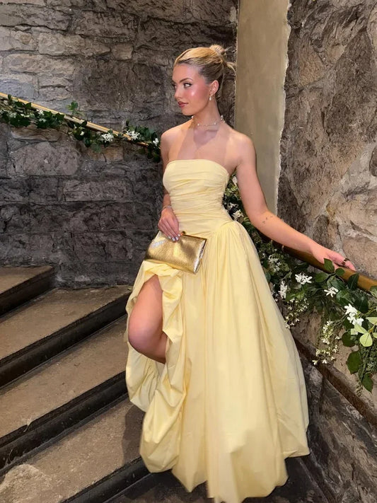 Zinna Pleated Split Strapless Dress