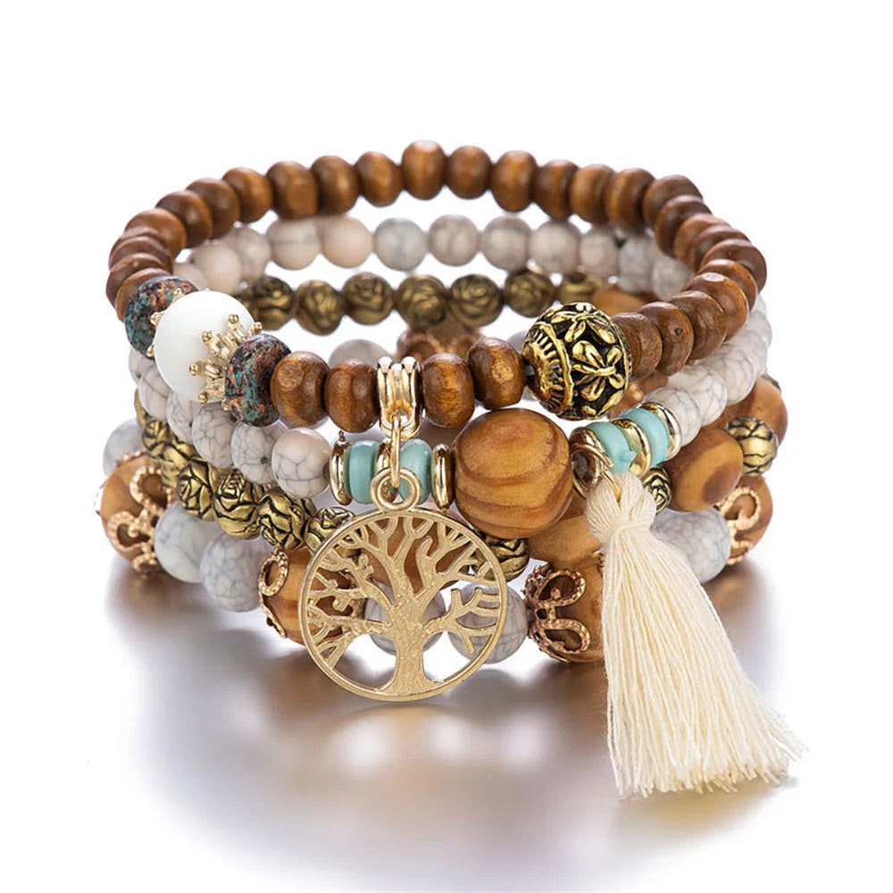 Cacildda Set  Beaded & Wooden Bracelet 4pcs