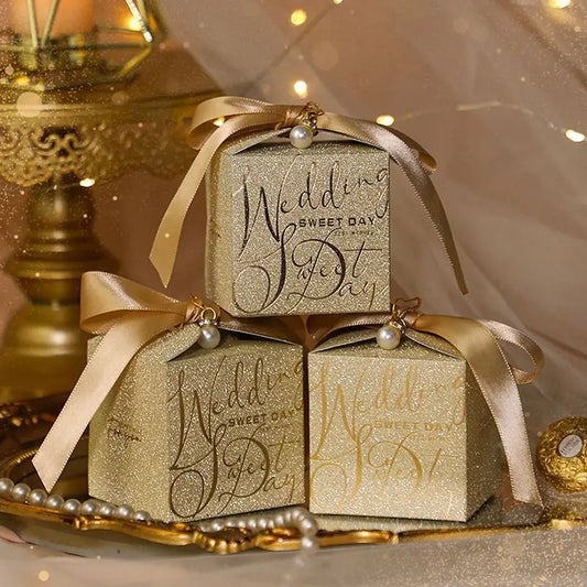 Wedding candy gift box with pearl ribbon