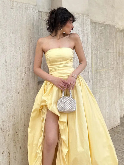 Zinna Pleated Split Strapless Dress