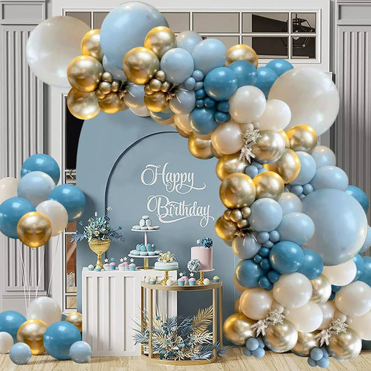 Blue Sand White Metallic Gold Balloons 127Pcs