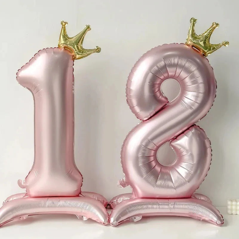 32in Standing Crown Number Balloon – Blue/Pink