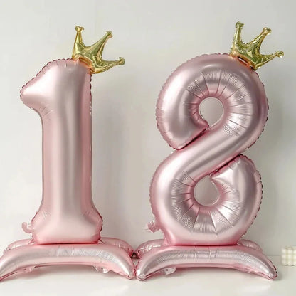 32in Standing Crown Number Balloon – Blue/Pink