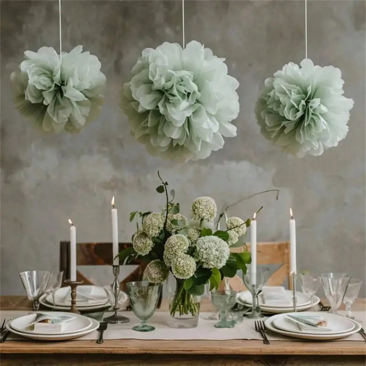 White & Light green Pom Pom  Set 12pcs