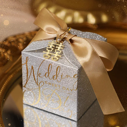 Wedding candy gift box with pearl ribbon